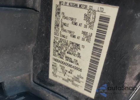 2005 Nissan Titan Xe из США, поврежденный, VIN 1N6BA06A05N549906